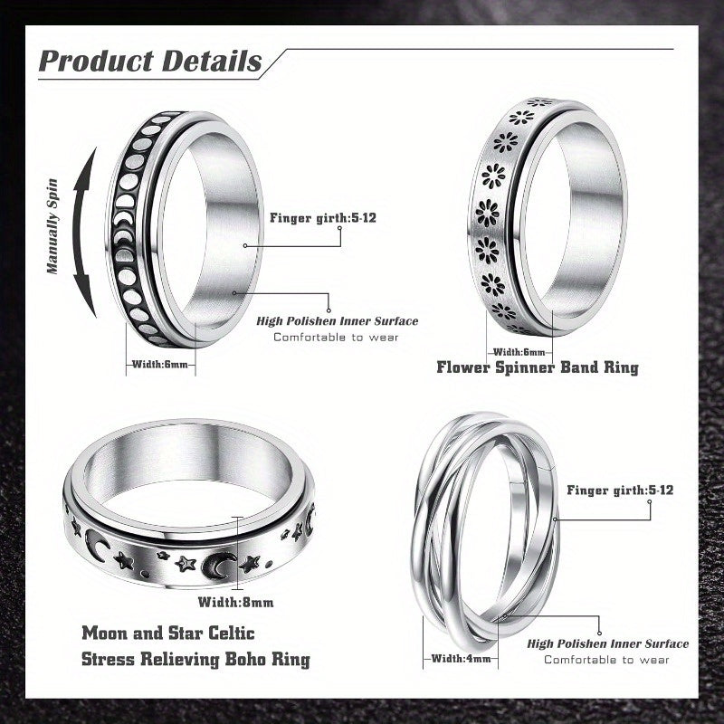 Stainless Steel Fidget Anxiety Ring for Women Men Fidget Spinner Rings Moon Star Celtic Stress Relieving Spinning Ring Wedding Band Rings Set46pcs