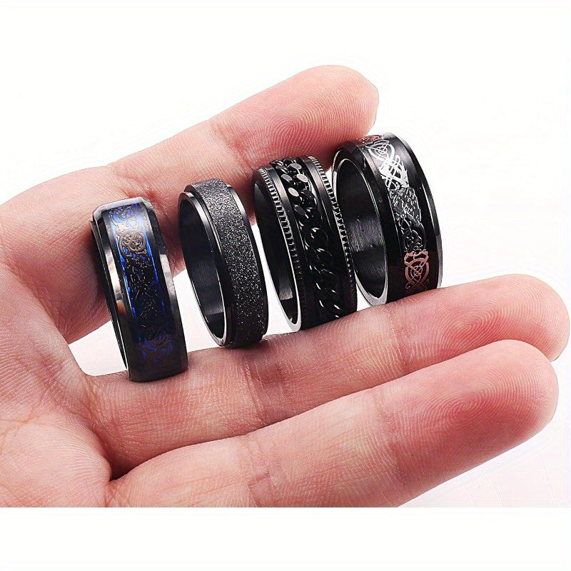 4pcs Anxiety Ring Spinner Fidget Rings for Anxiety Dragon Ring Black 316 316L Stainless Steel Rings for Men Women