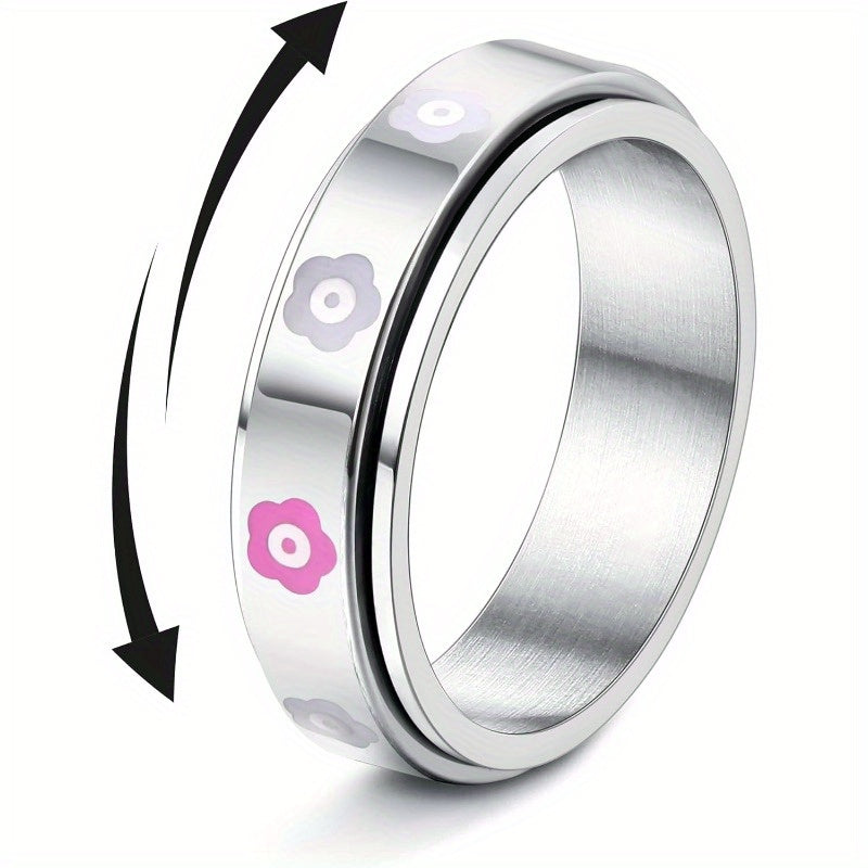 1pc Stainless Steel Spinner Rings for Anxiety Fidget Band Rings for Women Men Flower Happy Face Ring Stress Relieving Reduce Anxiet