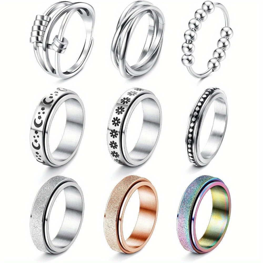 9pcs Fidget Rings for Anxiety 316L Stainless Steel Spinner Ring Anti Anxiety Ring Spinning Moon Star Flower Bead Stress Relieveing Rings for Men, for Teenager