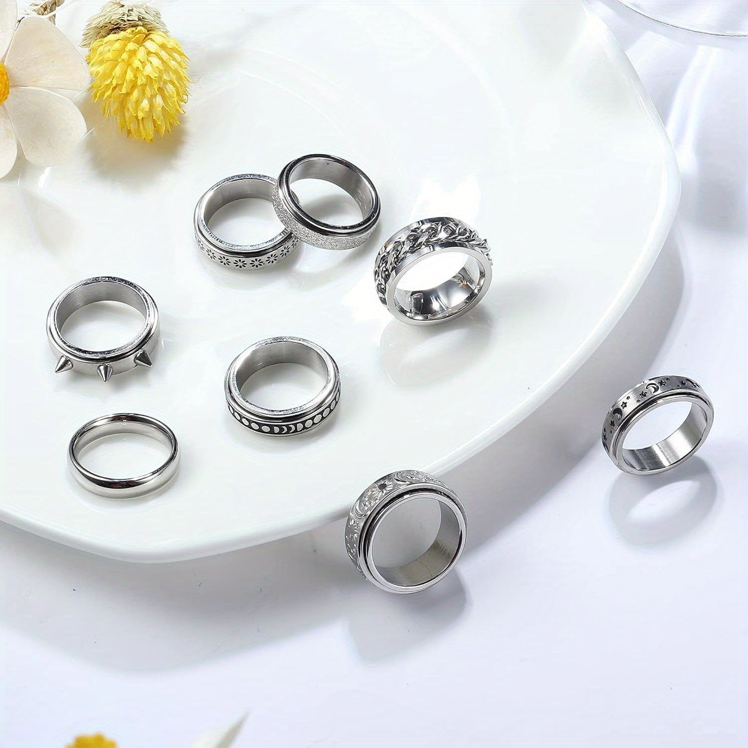 8pcs Fidget Rings for Anxiety 316L Stainless Steel Spinner Ring Anxiety Ring Spinning Moon Star Flower Cool Relaxing Rings for Teenager Teenager, For Teenager