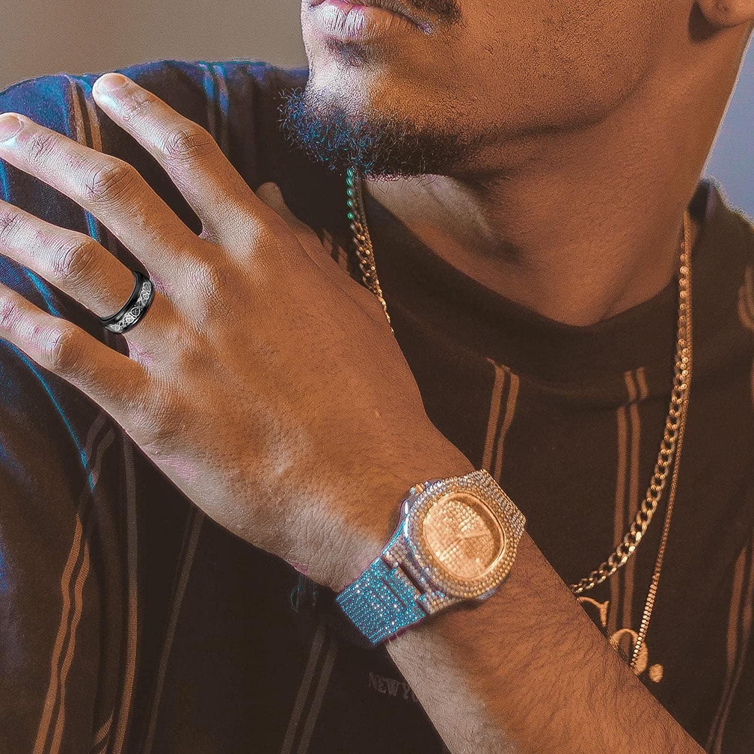 6pcs 316L Stainless Steel Band Rings for Men Women, Black Spinner Rings for Anxiety, Cool Plain Chain Inlaid Fidget Ring Set, Black Mens Wedding Promise Band Ring Pack