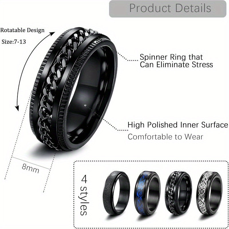 4pcs Anxiety Ring Spinner Fidget Rings for Anxiety Dragon Ring Black 316 316L Stainless Steel Rings for Men Women