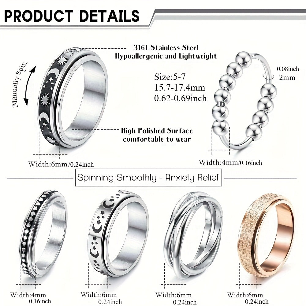 6pcs 316L Stainless Steel Spinning Fidget Rings for Teenager - Relax & Anxiety Relief with Beads, Moon, Star, Flower Designs - 316L 316L Stainless Steel, Casual Jewelry, Fidget Spinners, For Teenager