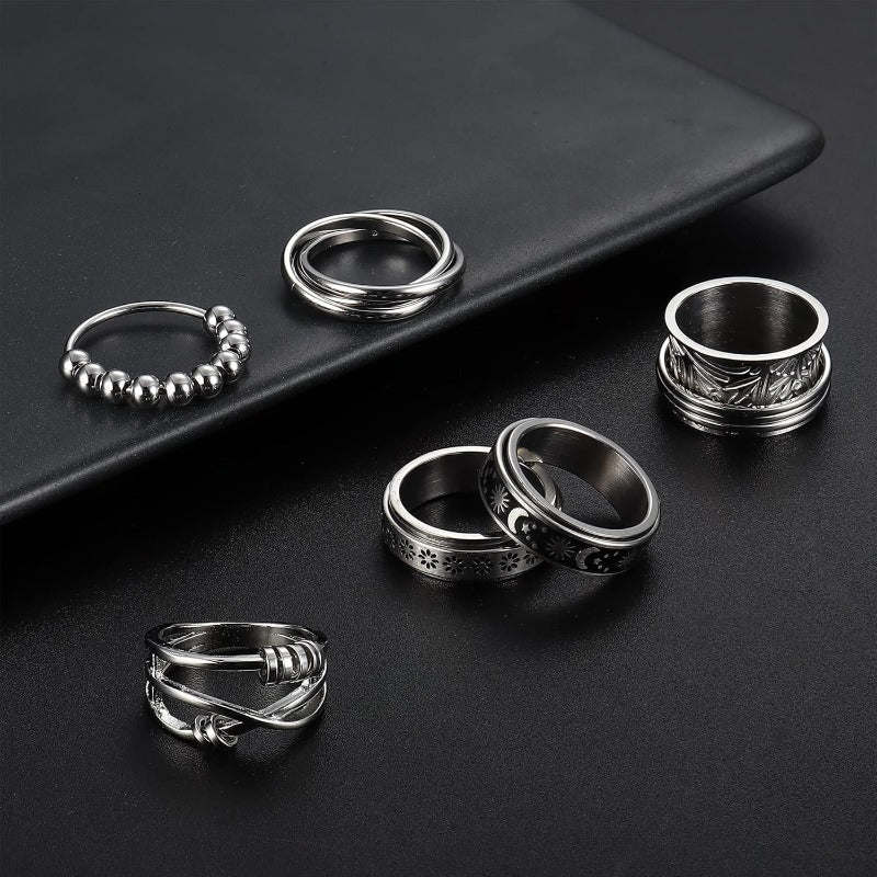 6pcs Stainless Steel Spinner Ring - Anti Anxiety Fidget Rings for Women Men - Cool Stress Relieving Spinning Moon Star Rings to Match Your Daily Outfits