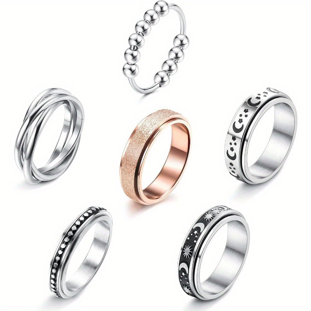 6pcs 316L Stainless Steel Spinning Fidget Rings for Teenager - Relax & Anxiety Relief with Beads, Moon, Star, Flower Designs - 316L 316L Stainless Steel, Casual Jewelry, Fidget Spinners, For Teenager