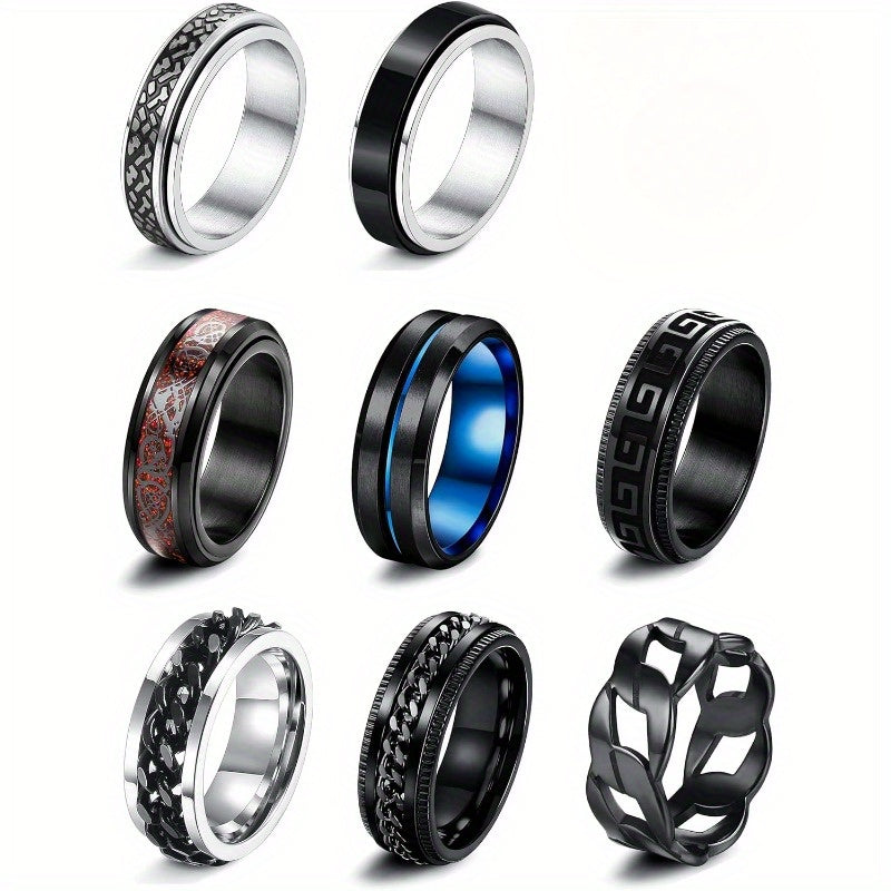 8pcs Black Fidget Rings for Anxiety Relief - Spinning Bands with Unique Patterns - Stainless Steel, Cool Chain Design for Casual to Formal Occasions, Casual Wear Bands|Stylish Spinning Bands|Durable Stainless Stee