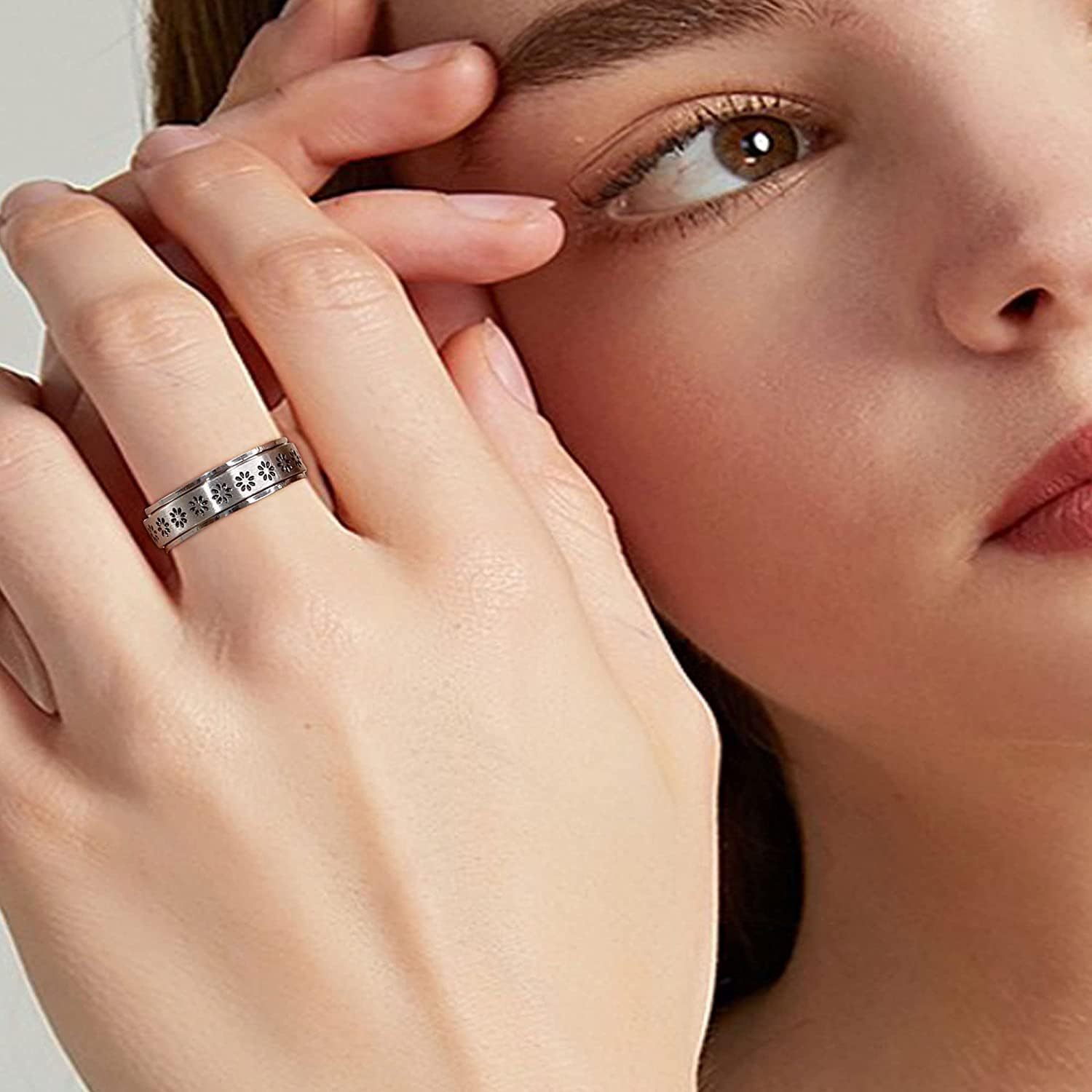 6pcs Anxiety Rings for Women - Stainless Steel Spinner Fidget Rings with Beads, Moon Star Flower Heart Cutout Designs for Relax, Hip-Hop Vacation Style Jewelry for Pride Month Parties & Casual Attire, Playful Jewelry, Polished Finish