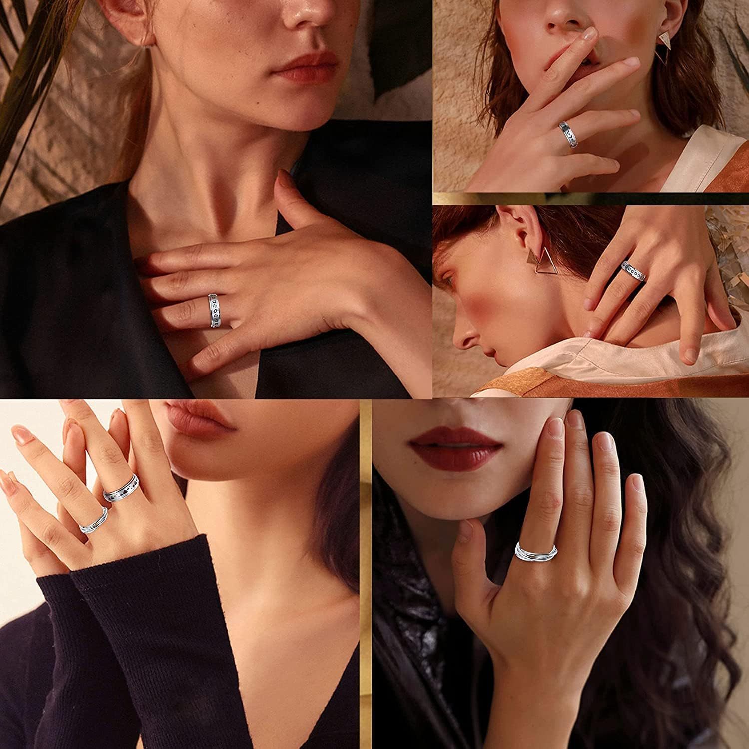 6pcs Anxiety Rings for Women - Stainless Steel Spinner Fidget Rings with Beads, Moon Star Flower Heart Cutout Designs for Relax, Hip-Hop Vacation Style Jewelry for Pride Month Parties & Casual Attire, Playful Jewelry, Polished Finish