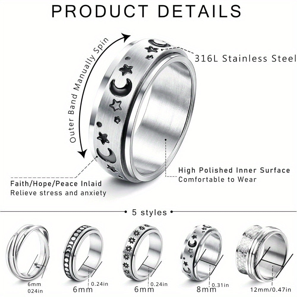 5pcs Fidget Ring Spinner Ring Fidget Rings for Women 316L Stainless Steel Rings Set Size 5/6/7