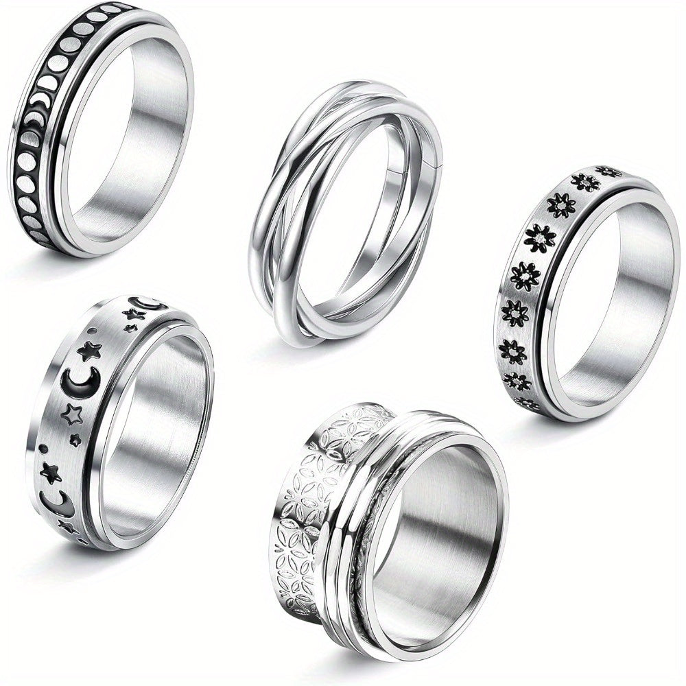 5pcs Fidget Ring Spinner Ring Fidget Rings for Women 316L Stainless Steel Rings Set Size 5/6/7