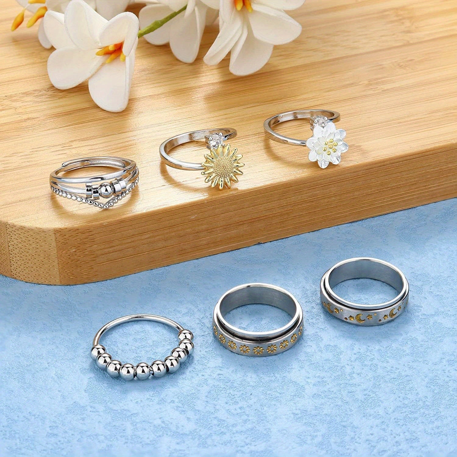 6pcs 316L Stainless Steel Spinner Rings Fidget Rings for Anxiety Men Anti Anxiety Ring with Beads Sunflower Moon Star Stress Relieving Rings Set, for Teenager