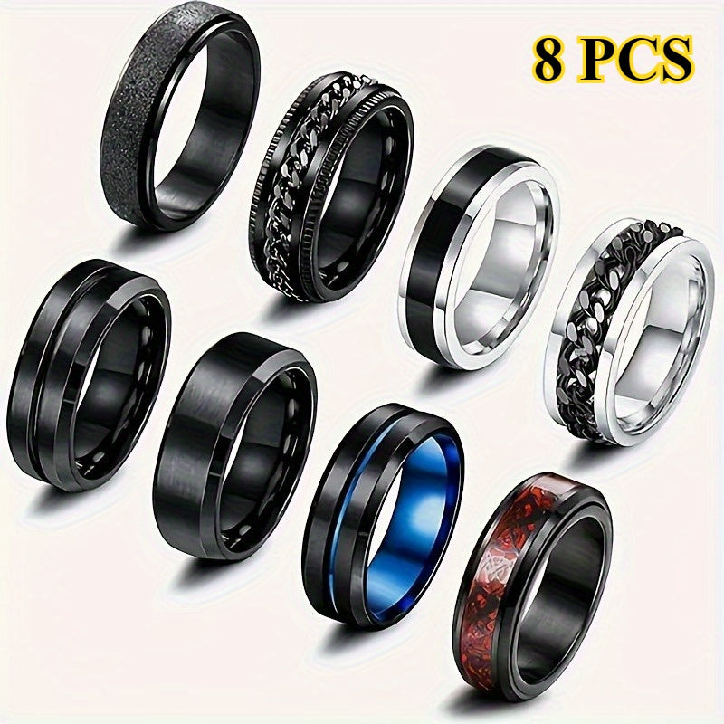 8pcs Men'S 201 Stainless Steel Ring Set - Retro Style Rotating Decompression Ring, Wedding and Engagement Ring