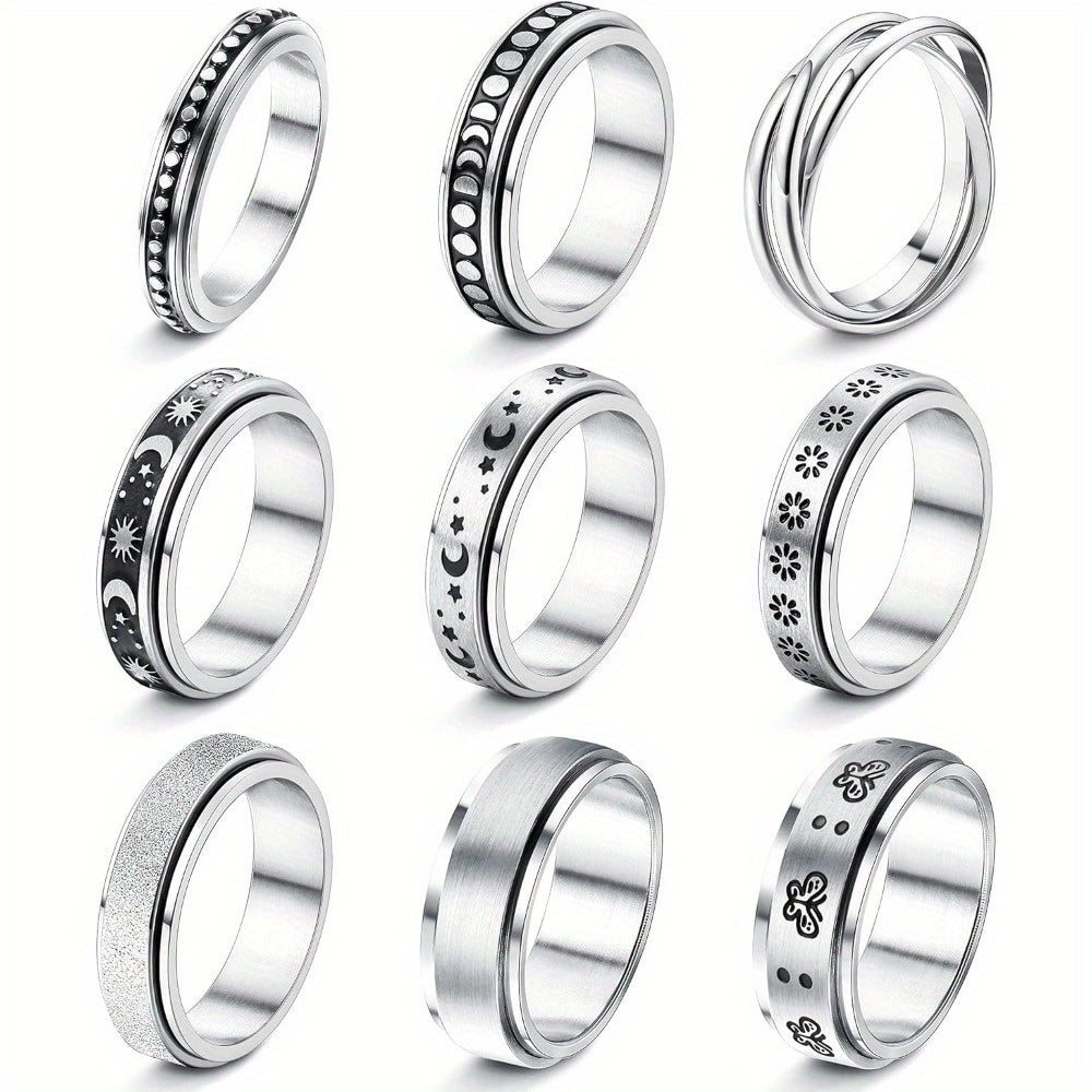9pcs Stainless Steel Anxiety Rings for Women Men Hypoallergenic Relieving Stress Anxiety Fidget Band Spinner Ring Moon Star Sand Blast Finish Ring