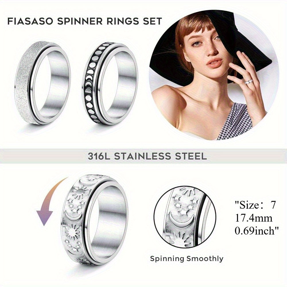 8pcs Fidget Rings for Anxiety 316L Stainless Steel Spinner Ring Anxiety Ring Spinning Moon Star Flower Cool Relaxing Rings for Teenager Teenager, For Teenager