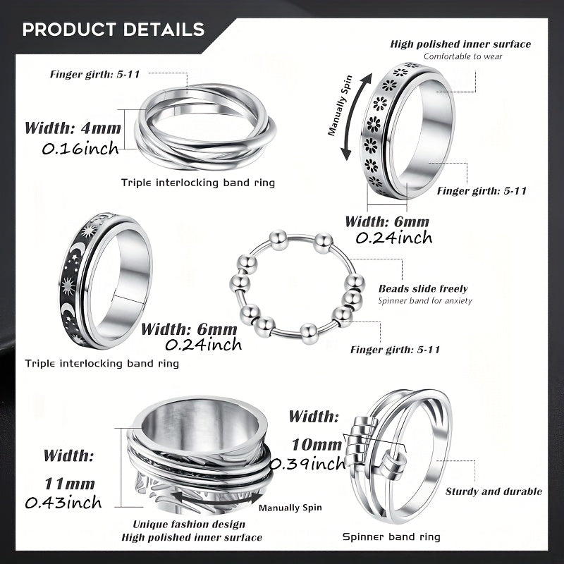 6pcs Stainless Steel Spinner Ring - Anti Anxiety Fidget Rings for Women Men - Cool Stress Relieving Spinning Moon Star Rings to Match Your Daily Outfits
