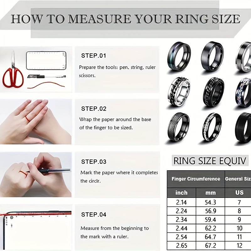 8pcs Men'S 201 Stainless Steel Ring Set - Retro Style Rotating Decompression Ring, Wedding and Engagement Ring