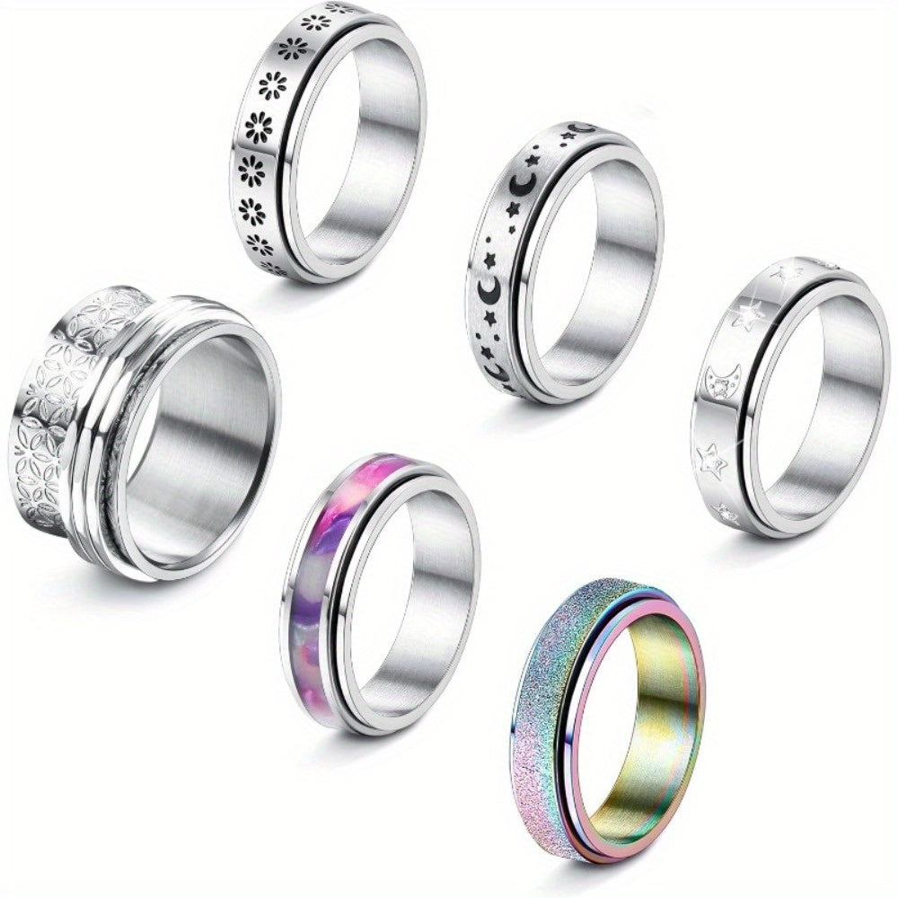 6pcs Fidget Rings for Anxiety 316L Stainless Steel Spinner Band Rings for Women Fidget Anxiety Rings Flower Moon Star Rainbow Sand Blast Finished Cool Stress Relieving Rings Set