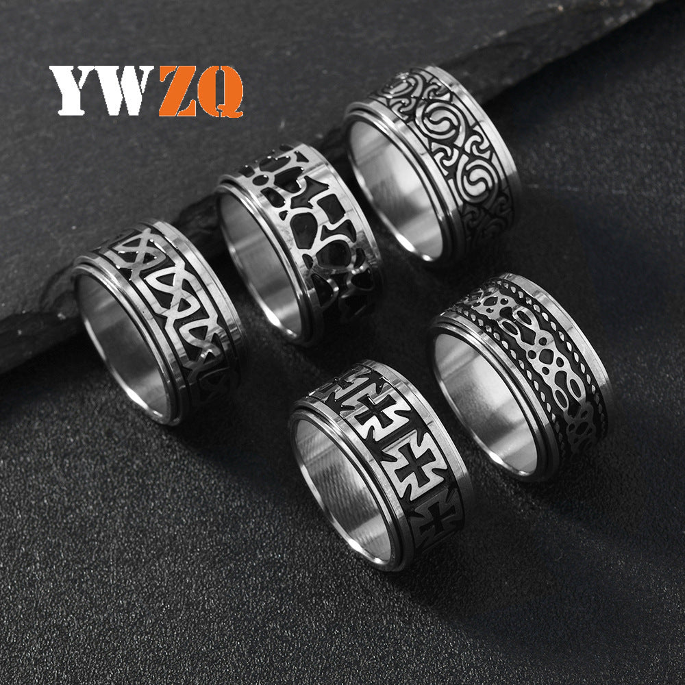 1 European And American Retro Stainless Steel Men'S Ring with Non Fading, Oiled Cross Texture, Rotatable Ring