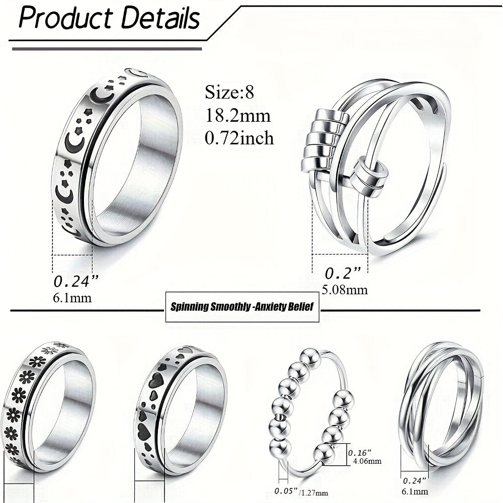 6pcs Anxiety Rings for Women - Stainless Steel Spinner Fidget Rings with Beads, Moon Star Flower Heart Cutout Designs for Relax, Hip-Hop Vacation Style Jewelry for Pride Month Parties & Casual Attire, Playful Jewelry, Polished Finish