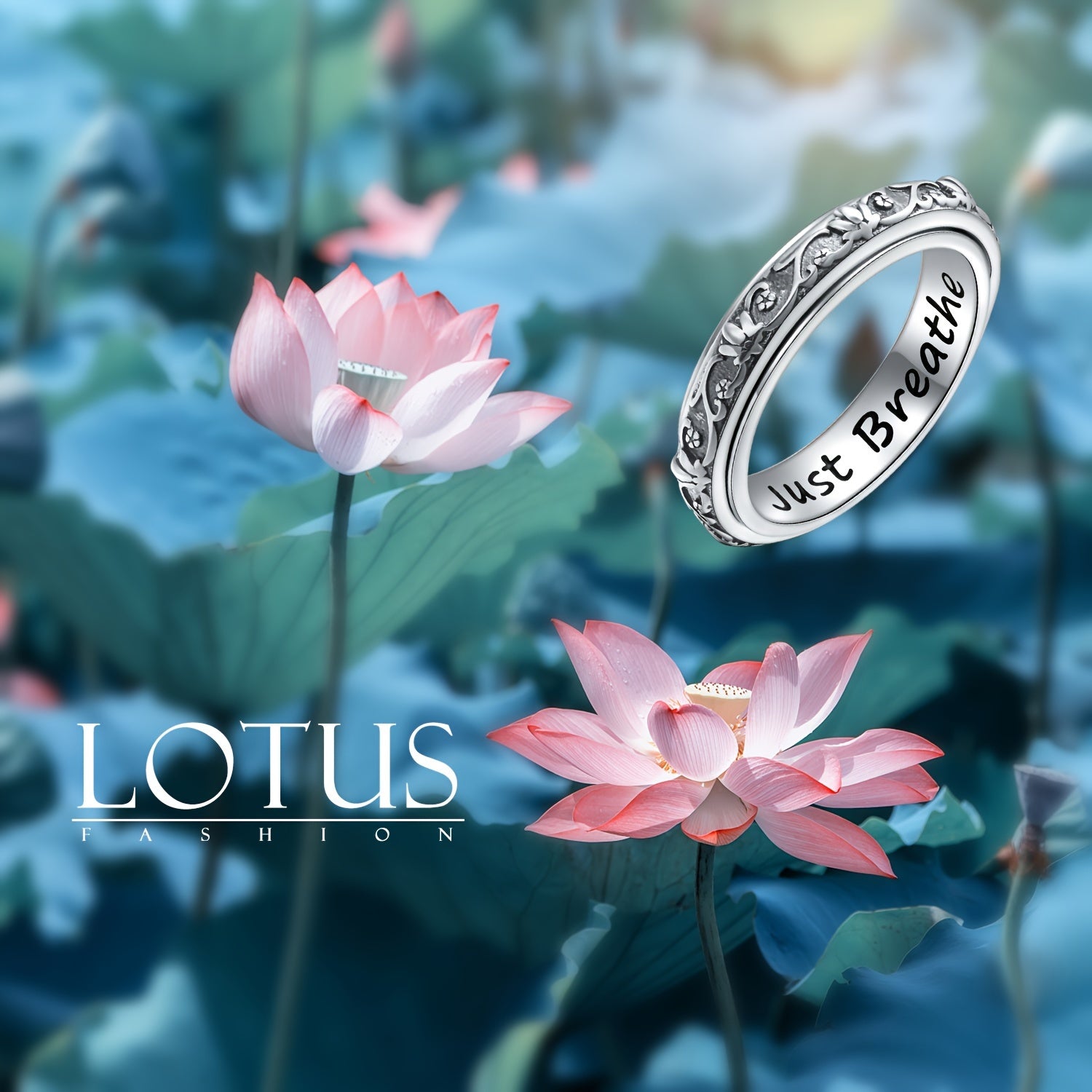 S925 Sterling Silver Lotus Flower Fidget Ring - Yoga Anxiety Worry Band for Women Men - Oxidized ADHD Autism Spinner