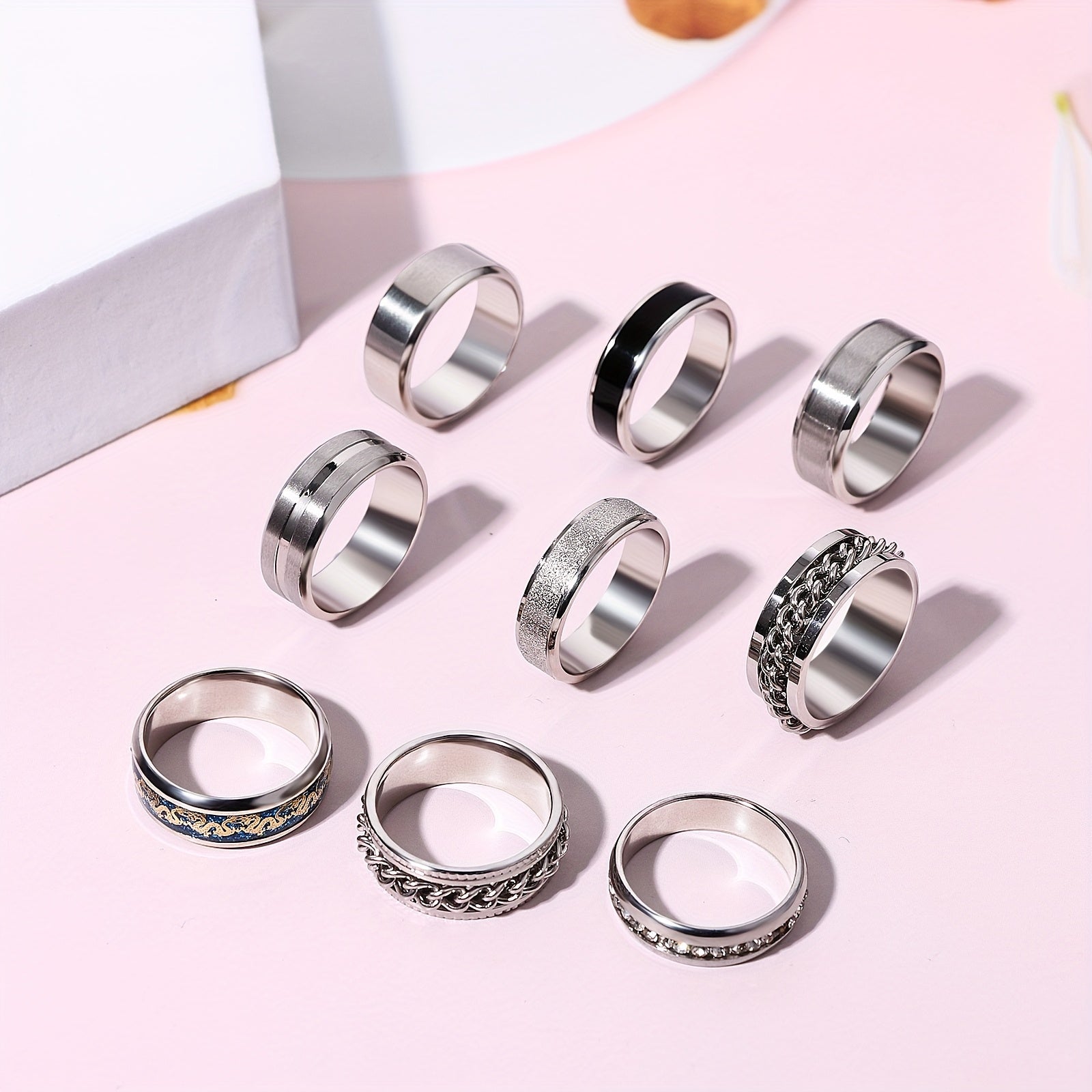 Men'S Stainless Steel Fidget Spinner Rings: Cool Rotating Ring Set - Black Omnidirectional Stainless Steel Anxiety Rings Set of 9