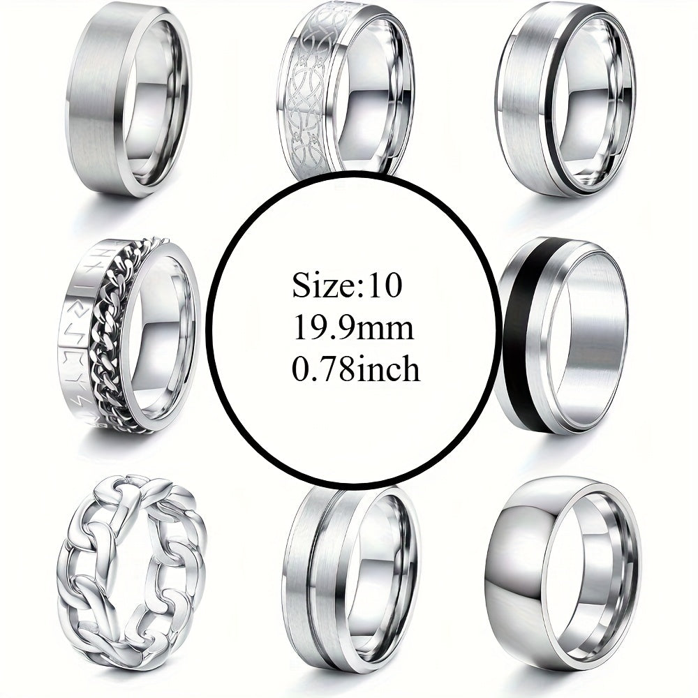 9pcs Revolving Chain Ring Gothic Celtic 316L 316L Stainless Steel Vintage Rock Band Promise Jewelry, For Teenager