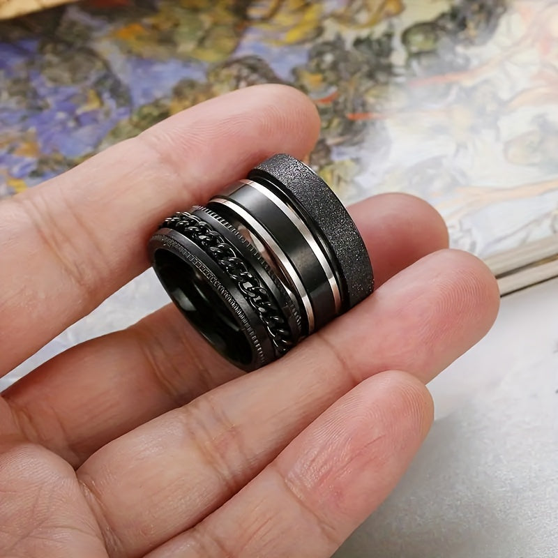 8pcs Men'S 201 Stainless Steel Ring Set - Retro Style Rotating Decompression Ring, Wedding and Engagement Ring