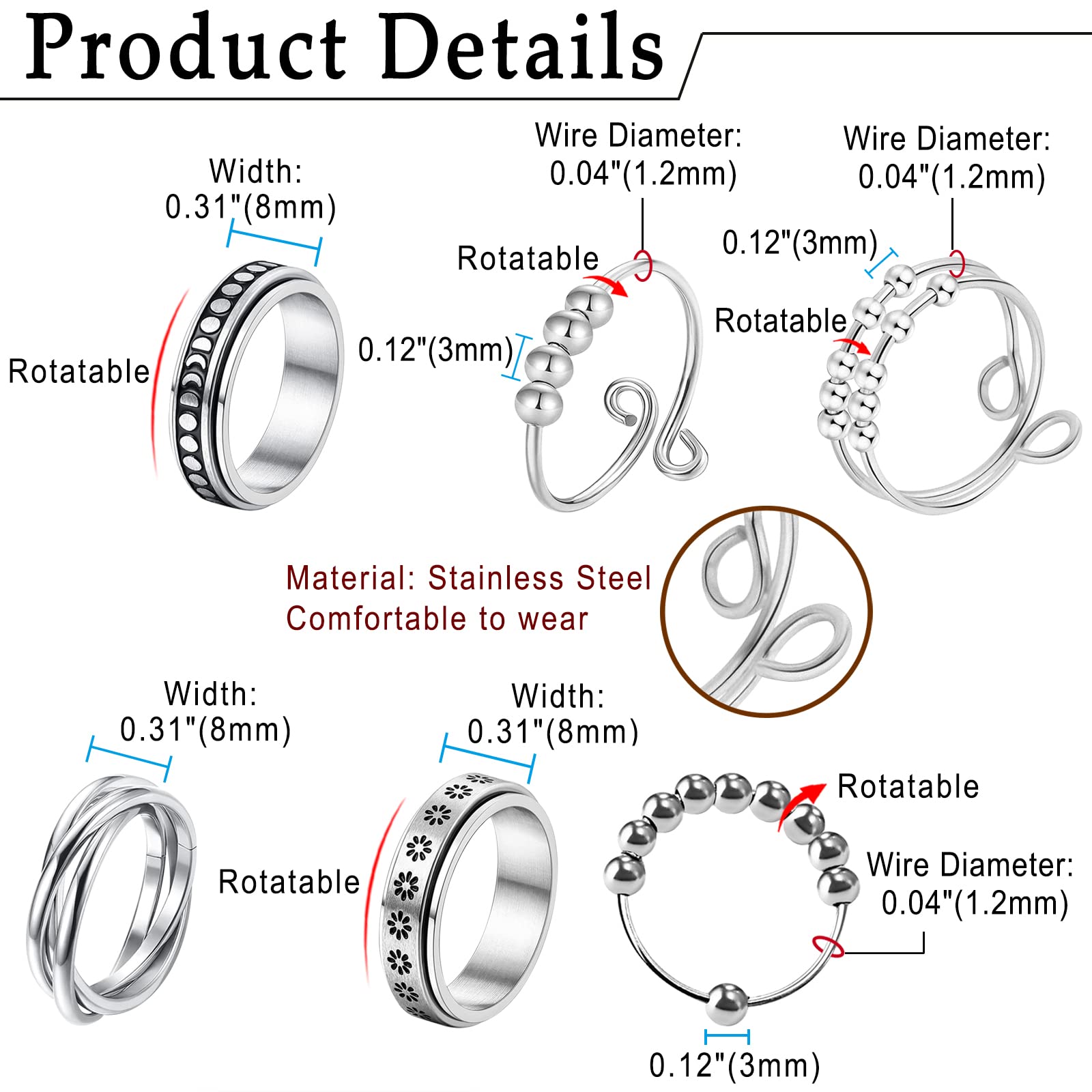 JewelryWe 6pcs Spinner Rings for Men Women Stress Relieving Anxiety Ring Stainless Steel Fidget Ring Wedding Promise Band, Size 6-11