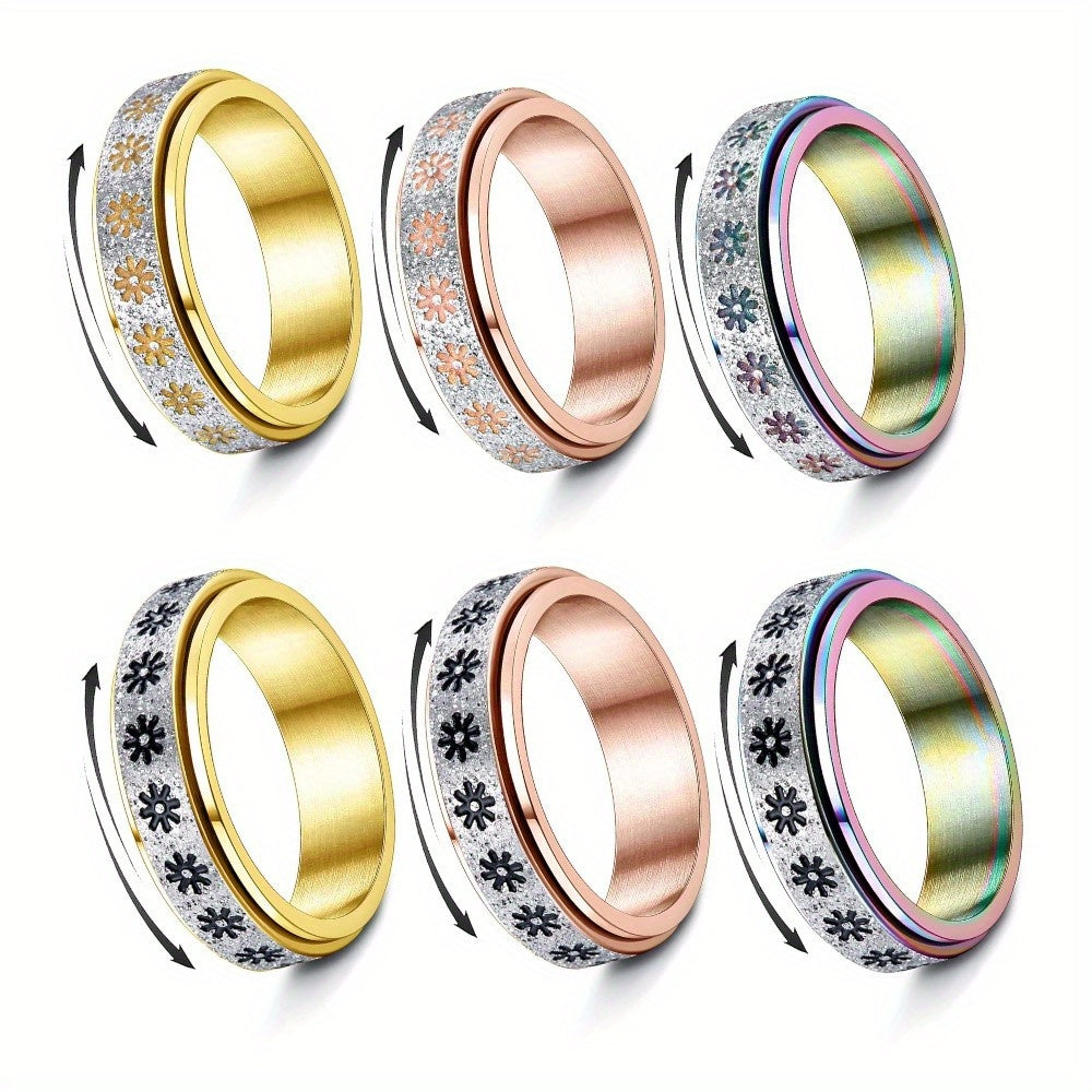 3pcs Fidget Ring Anxiety Ring for Men Women 316L Stainless Steel Spinner Rings for Anxiety Golden/Rose Golden/Rainbow Flower Relieving Anxiety Ring Sets