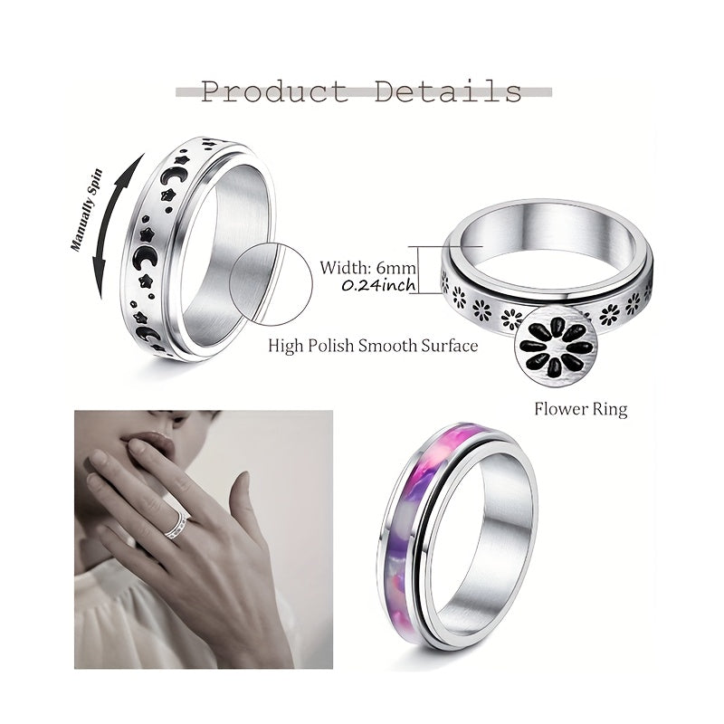 3pcs 316L 316L Stainless Steel Spinner Rings for Men & Women - Moon, Star, Flower Fidget Bands for Relax, Wedding Promise Rings, Everyday & Party Wear, Perfect Gift for Holidays, Music Festivals, Father'S Day, Thanksgiving, Easter, Relax Rings |