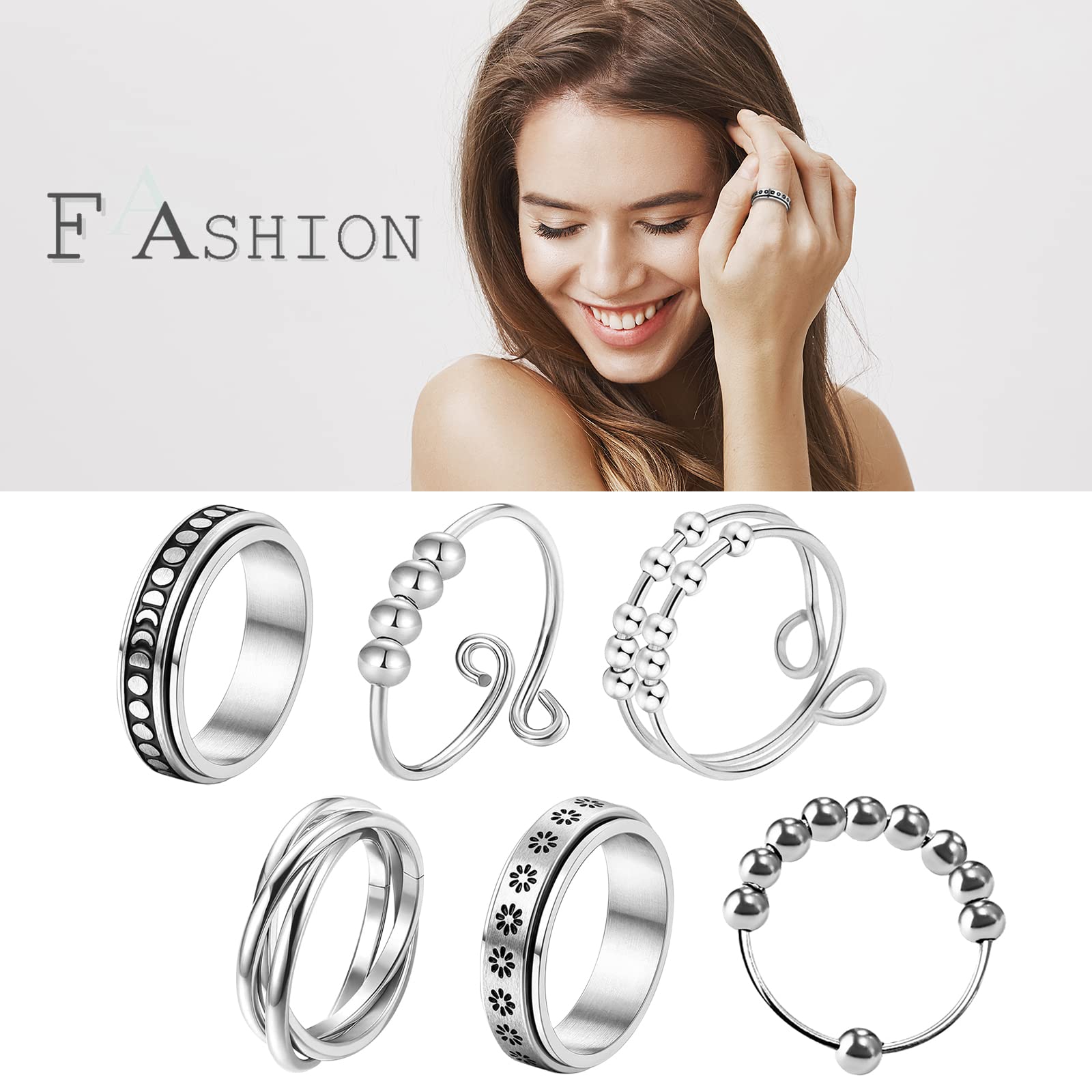 JewelryWe 6pcs Spinner Rings for Men Women Stress Relieving Anxiety Ring Stainless Steel Fidget Ring Wedding Promise Band, Size 6-11