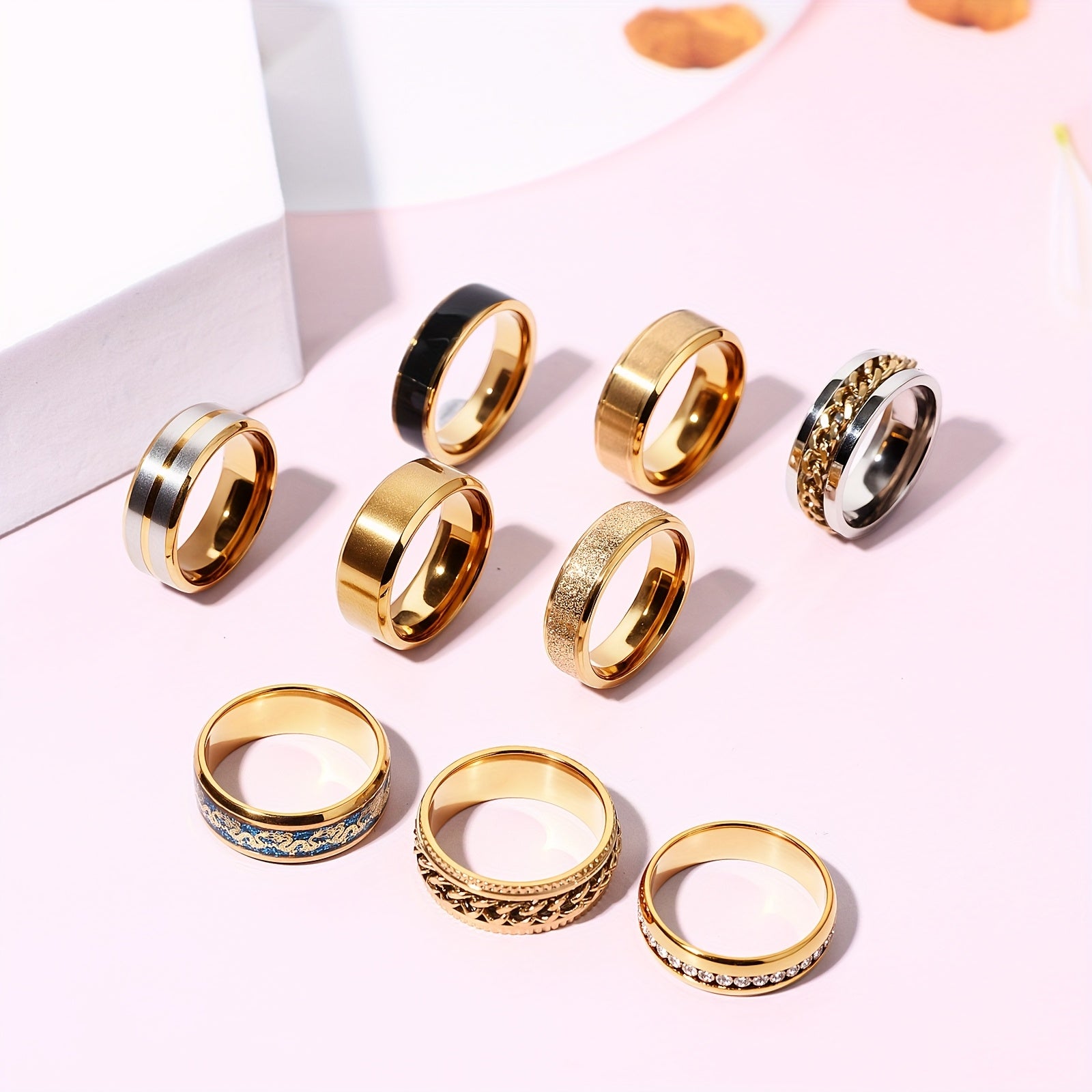 Men'S Stainless Steel Fidget Spinner Rings: Cool Rotating Ring Set - Black Omnidirectional Stainless Steel Anxiety Rings Set of 9