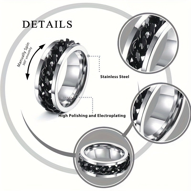 8pcs Black Fidget Rings for Anxiety Relief - Spinning Bands with Unique Patterns - Stainless Steel, Cool Chain Design for Casual to Formal Occasions, Casual Wear Bands|Stylish Spinning Bands|Durable Stainless Stee