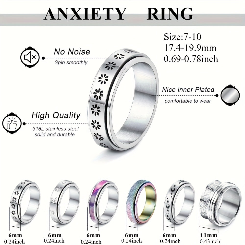 6pcs Fidget Rings for Anxiety 316L Stainless Steel Spinner Band Rings for Women Fidget Anxiety Rings Flower Moon Star Rainbow Sand Blast Finished Cool Stress Relieving Rings Set