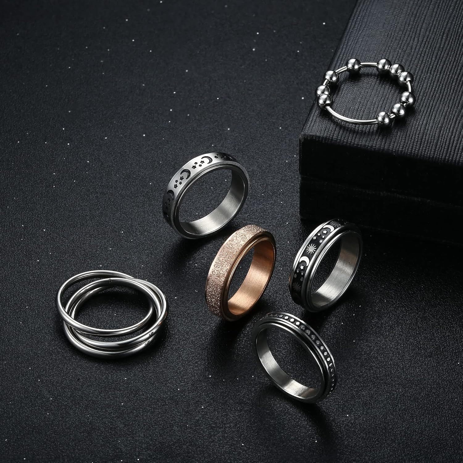 6pcs 316L Stainless Steel Spinning Fidget Rings for Teenager - Relax & Anxiety Relief with Beads, Moon, Star, Flower Designs - 316L 316L Stainless Steel, Casual Jewelry, Fidget Spinners, For Teenager