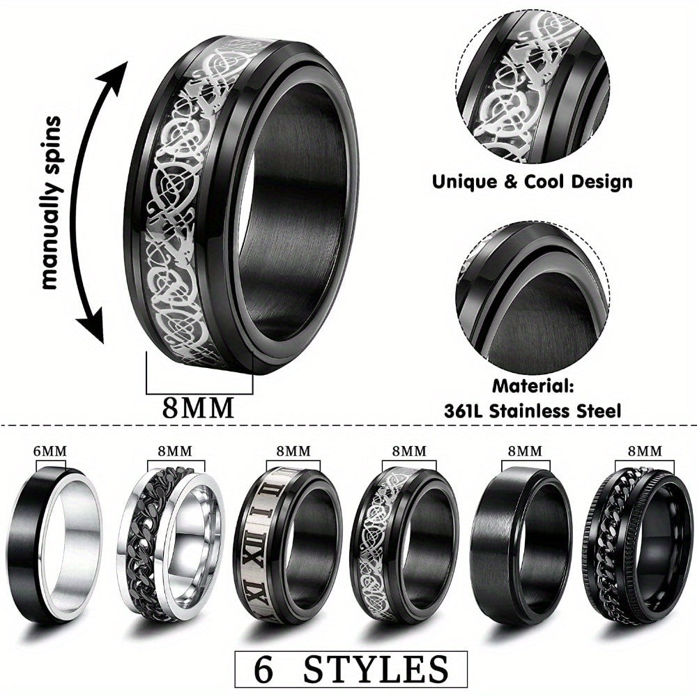 6pcs 316L Stainless Steel Band Rings for Men Women, Black Spinner Rings for Anxiety, Cool Plain Chain Inlaid Fidget Ring Set, Black Mens Wedding Promise Band Ring Pack