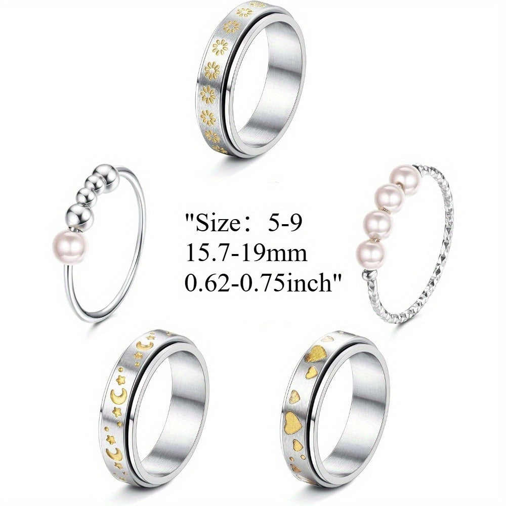 6pcs 316L Stainless Steel Spinner Rings Fidget Rings for Anxiety for Men Anti Anxiety Ring with Beads Sunflower Moon Star Stress Relieving Rings Set, for Teenager