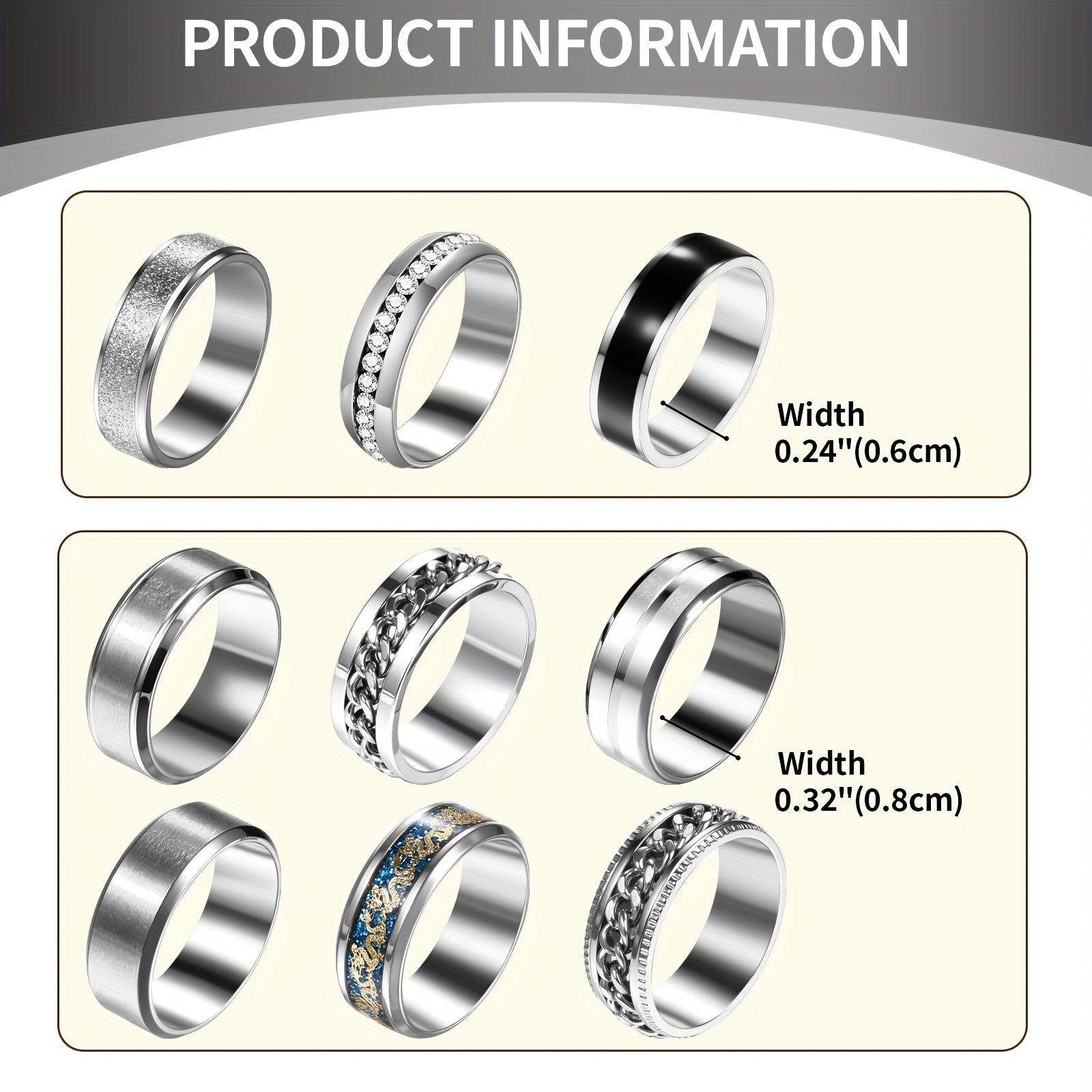 Men'S Stainless Steel Fidget Spinner Rings: Cool Rotating Ring Set - Black Omnidirectional Stainless Steel Anxiety Rings Set of 9