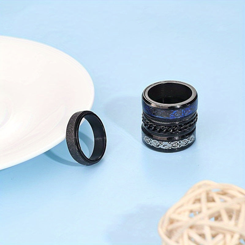 4pcs Anxiety Ring Spinner Fidget Rings for Anxiety Dragon Ring Black 316 316L Stainless Steel Rings for Men Women