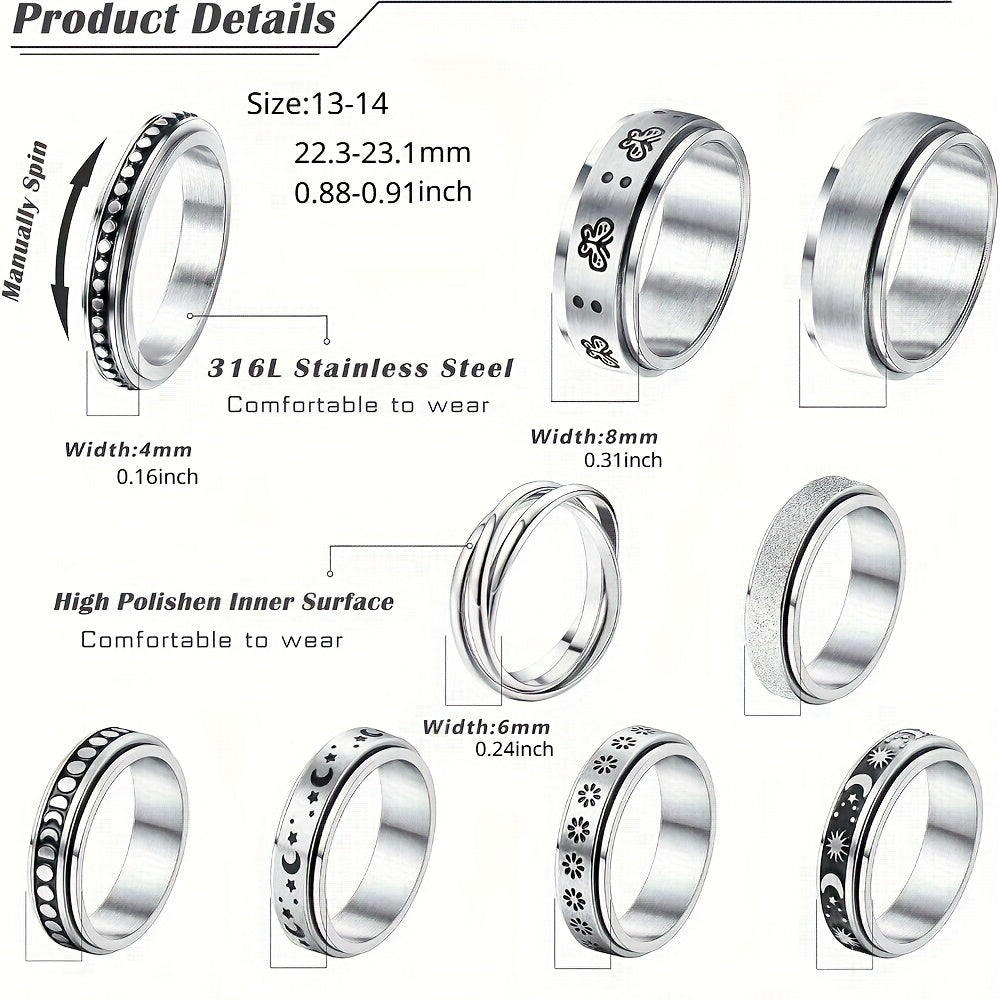 9pcs Stainless Steel Anxiety Rings for Women Men Hypoallergenic Relieving Stress Anxiety Fidget Band Spinner Ring Moon Star Sand Blast Finish Ring
