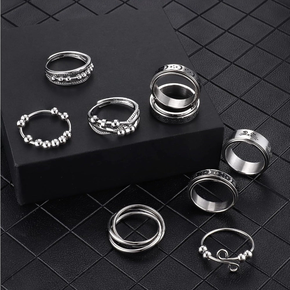 9pcs 316L Stainless Steel Spinner Rings Fidget Rings for Anxiety for Teenager Teenager Anti Anxiety Ring with Beads Flower Moon Star Stress Relieving Rings Set, For Teenager