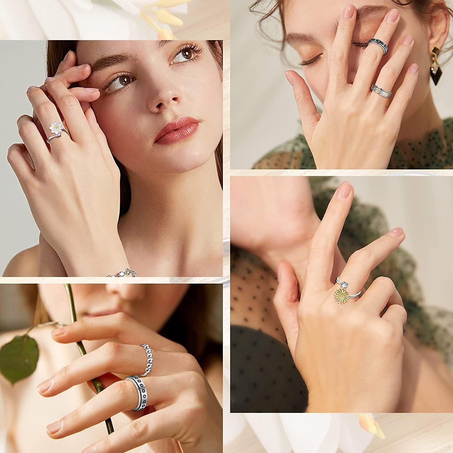 6pcs 316L Stainless Steel Spinner Rings Fidget Rings for Anxiety Men Anti Anxiety Ring with Beads Sunflower Moon Star Stress Relieving Rings Set, for Teenager