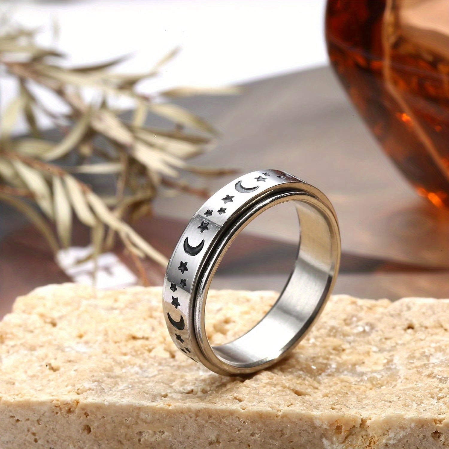 9pcs Fidget Rings for Anxiety 316L Stainless Steel Spinner Ring Anti Anxiety Ring Spinning Moon Star Flower Bead Stress Relieveing Rings for Men, for Teenager