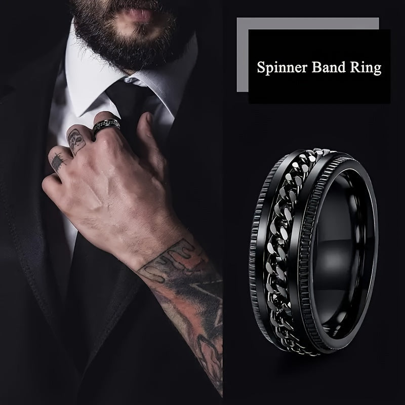 8pcs Men'S 201 Stainless Steel Ring Set - Retro Style Rotating Decompression Ring, Wedding and Engagement Ring