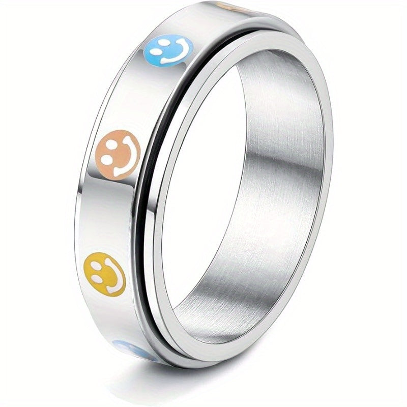 1pc Stainless Steel Spinner Rings for Anxiety Fidget Band Rings for Women Men Flower Happy Face Ring Stress Relieving Reduce Anxiet