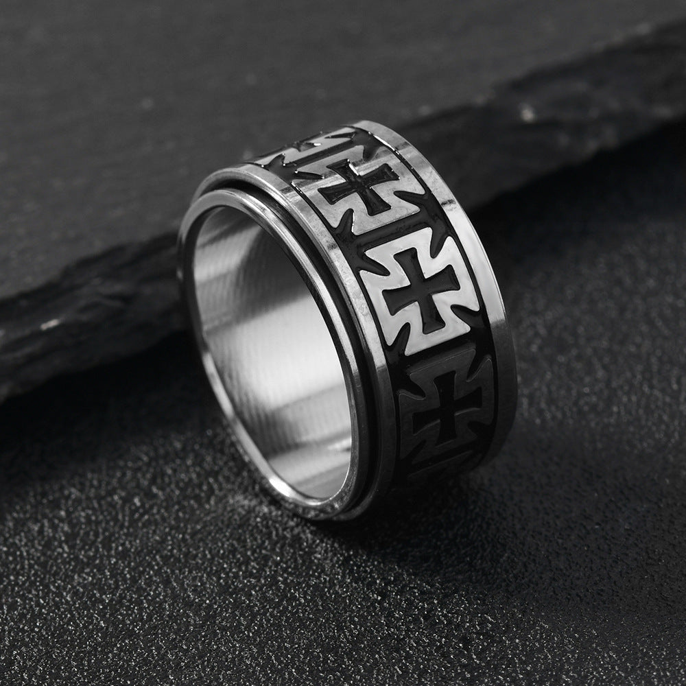 1 European And American Retro Stainless Steel Men'S Ring with Non Fading, Oiled Cross Texture, Rotatable Ring