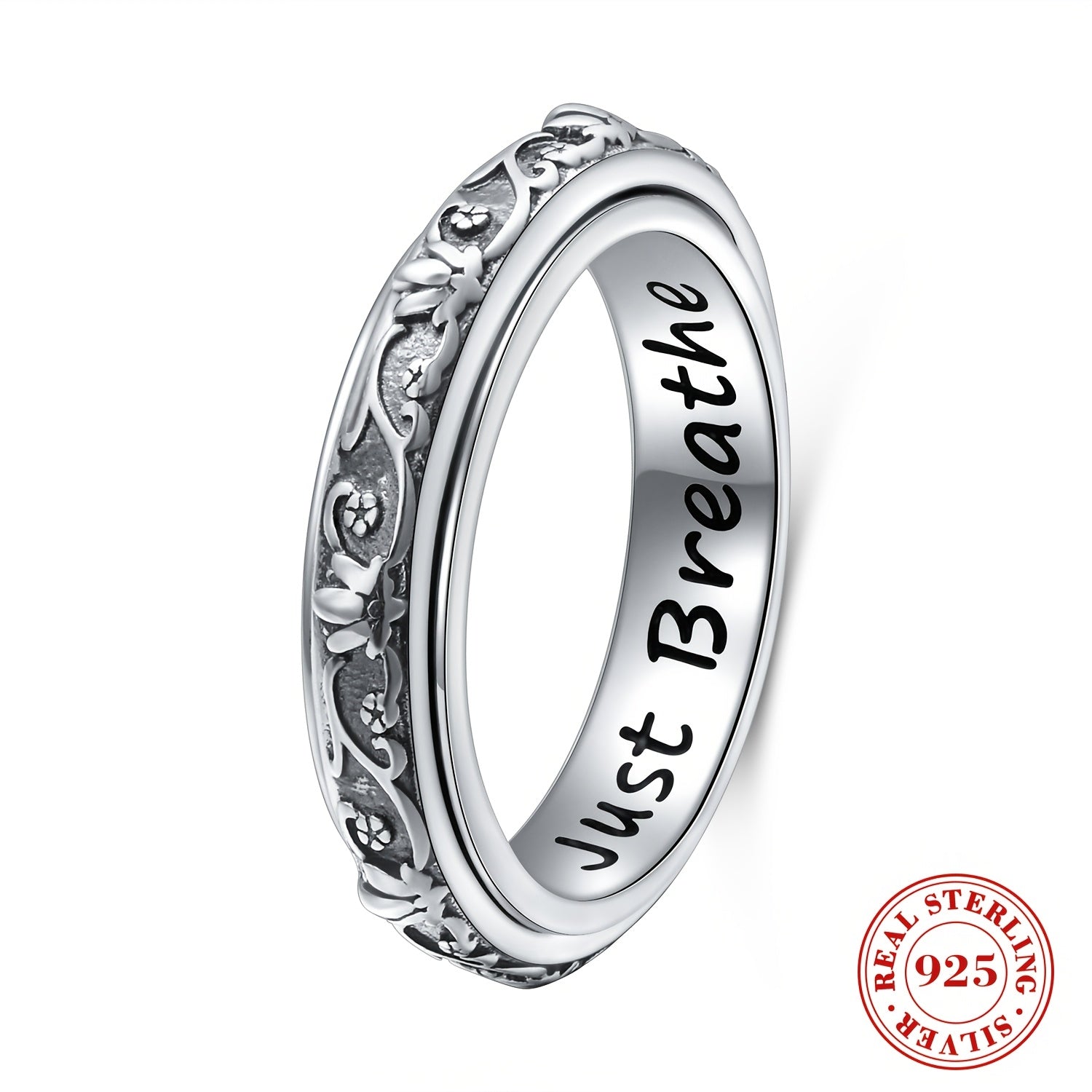 S925 Sterling Silver Lotus Flower Fidget Ring - Yoga Anxiety Worry Band for Women Men - Oxidized ADHD Autism Spinner