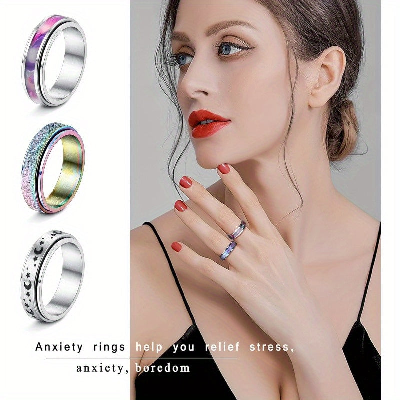 6pcs Fidget Rings for Anxiety 316L Stainless Steel Spinner Band Rings for Women Fidget Anxiety Rings Flower Moon Star Rainbow Sand Blast Finished Cool Stress Relieving Rings Set