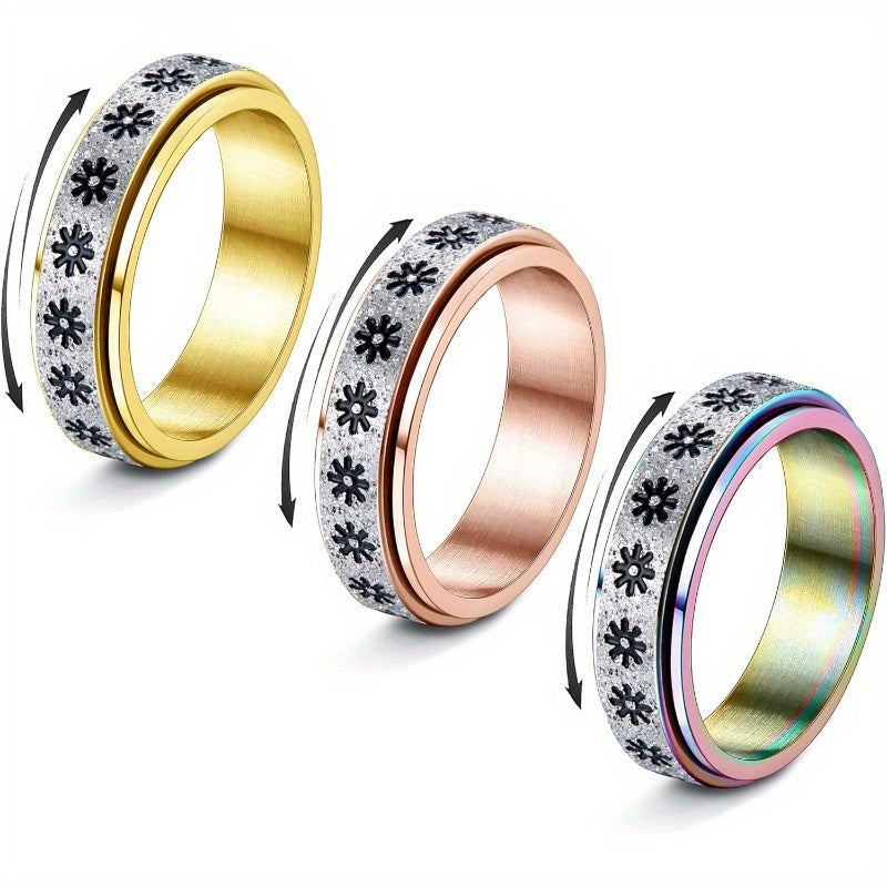 3pcs Fidget Ring Anxiety Ring for Men Women 316L Stainless Steel Spinner Rings for Anxiety Golden/Rose Golden/Rainbow Flower Relieving Anxiety Ring Sets